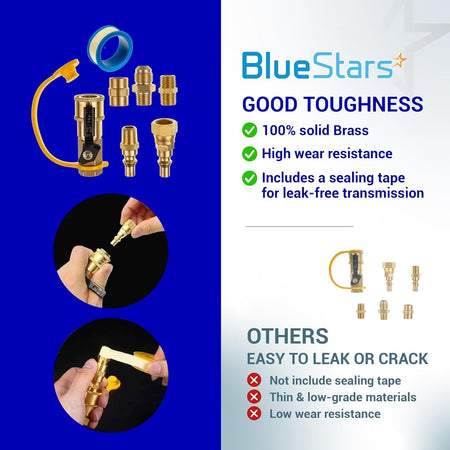 BlueStars RV propane quick connect fitting kit with brass adapters, sealing tape, and installation demonstration.
