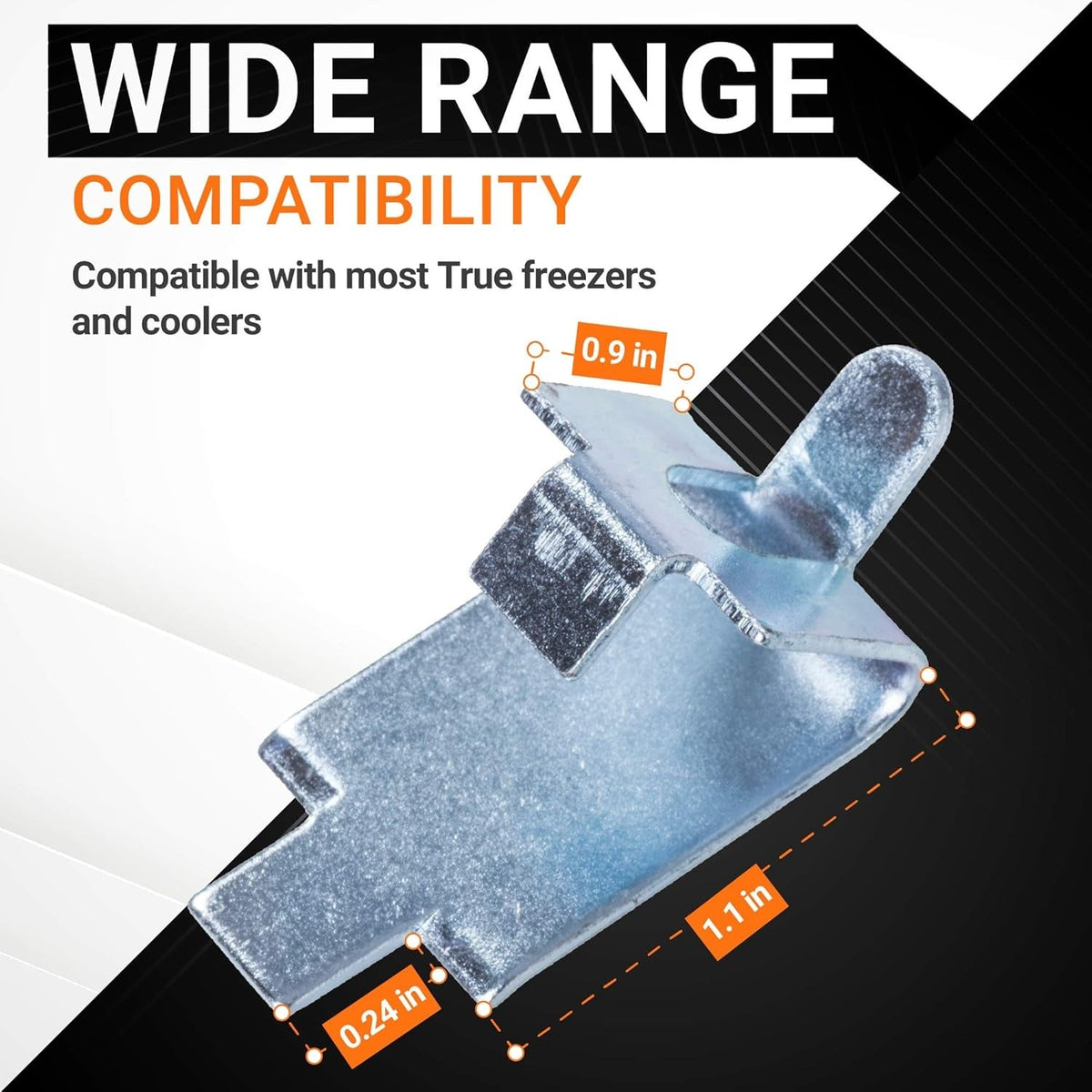 Close-up of 920158 stainless steel freezer shelf clip with dimension labels for True refrigerator compatibility.