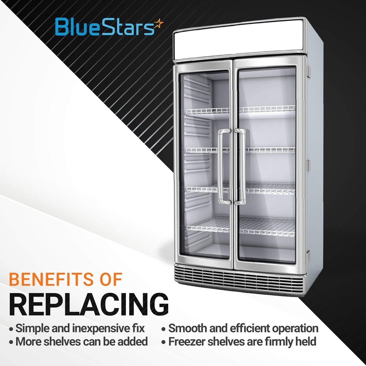 Commercial refrigerator showing benefits of using 920158 stainless steel freezer shelf support clips.