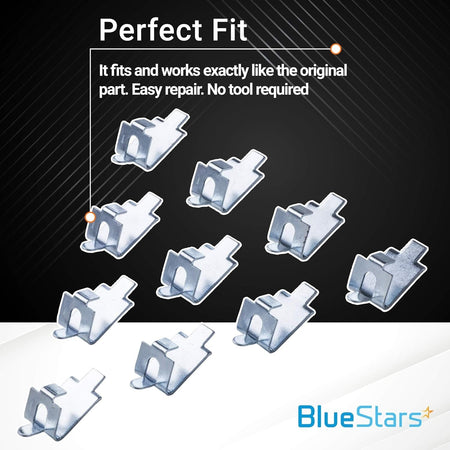 Pack of 10 stainless steel freezer shelf support clips for refrigerator shelf replacement.