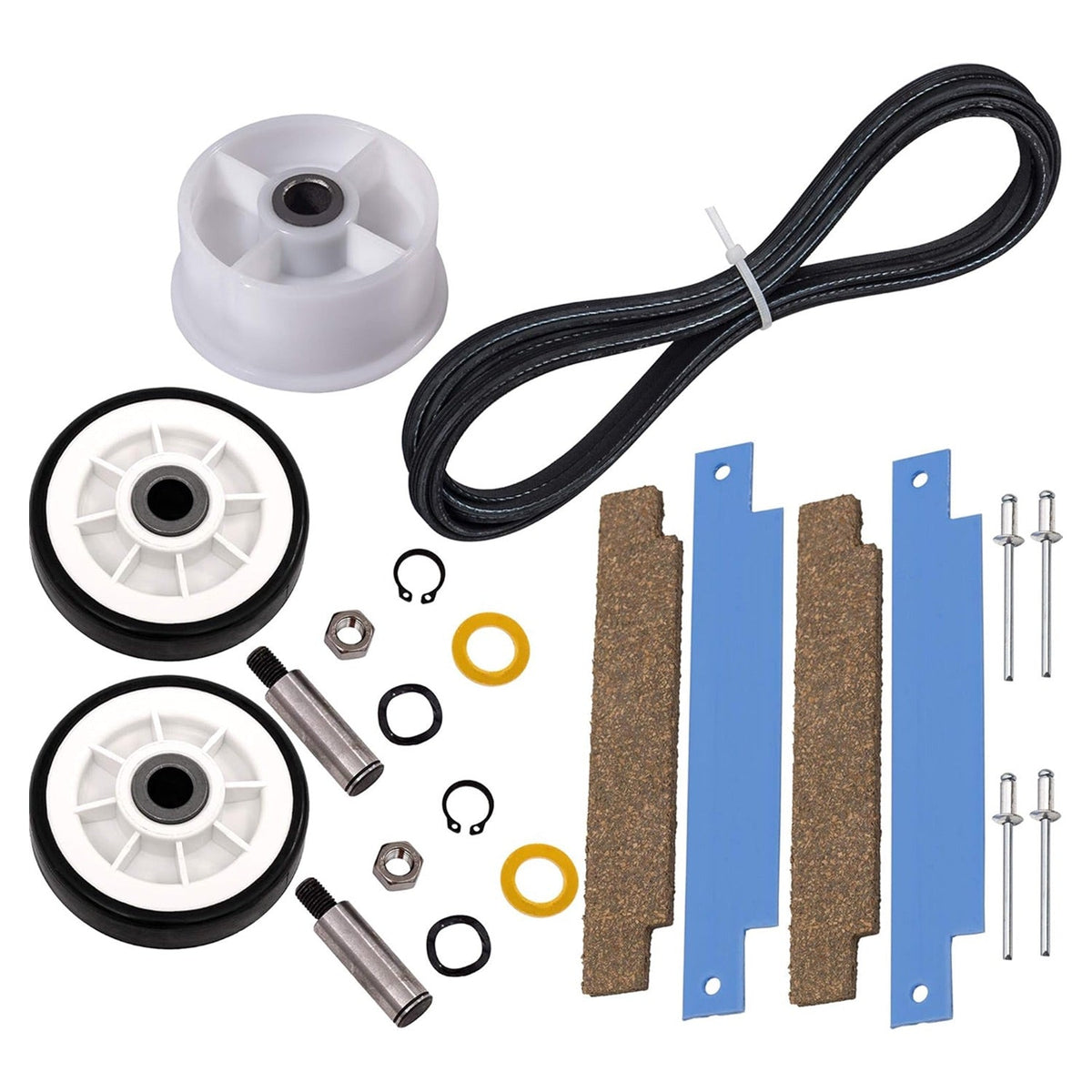 Dryer repair kit with rollers, drum belt, idler pulley, and bearing components for Maytag Neptune dryers.