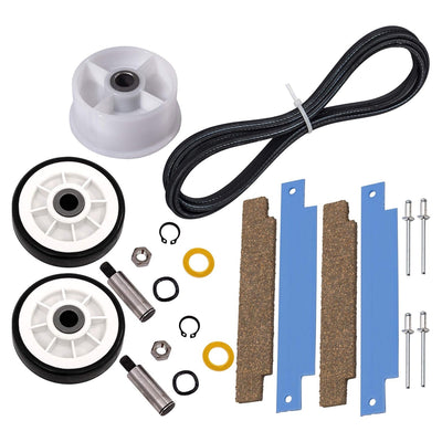 Dryer repair kit with rollers, drum belt, idler pulley, and bearing components for Maytag Neptune dryers.