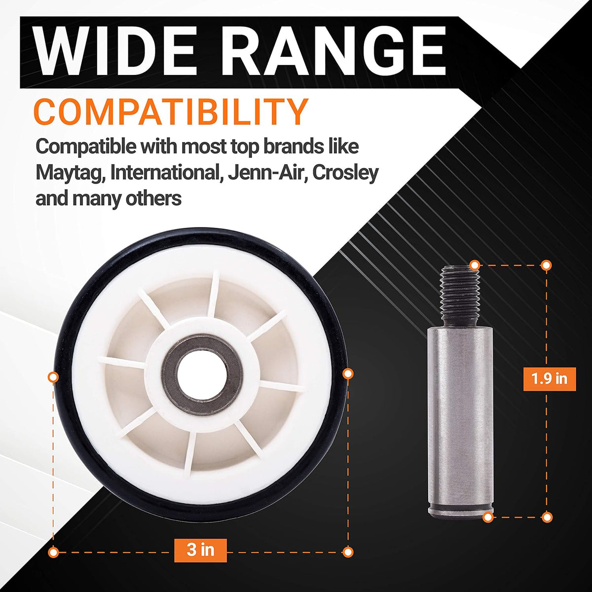 Dryer roller kit component showing dimensions for Maytag, Jenn-Air, and Crosley dryer compatibility.
