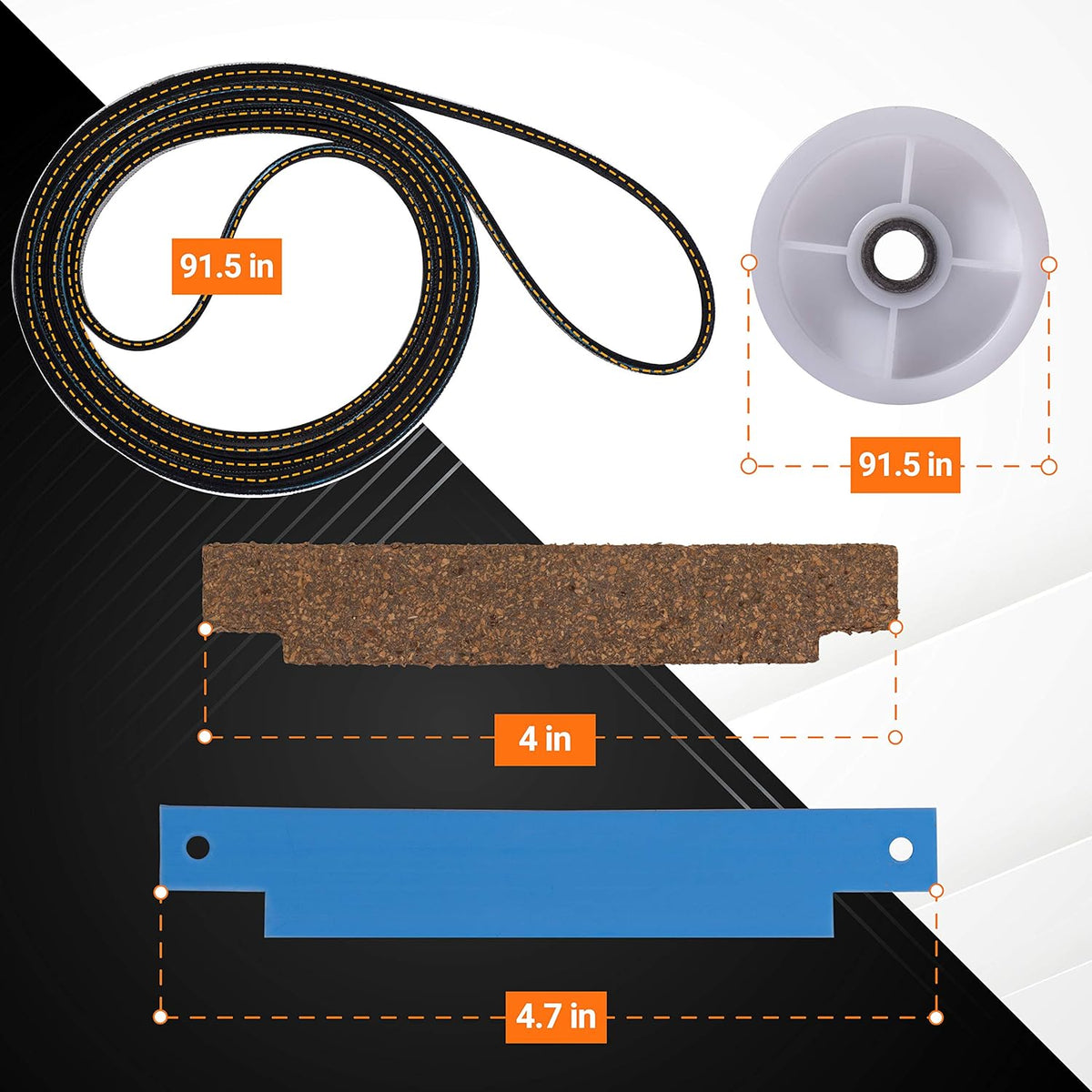 Dryer repair kit components including drum belt, idler pulley, and bearing strips with dimensions for Maytag dryers.
