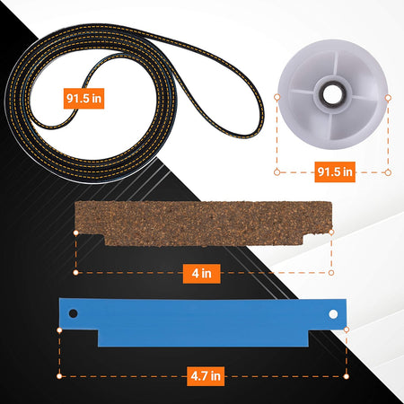 Dryer repair kit components including drum belt, idler pulley, and bearing strips with dimensions for Maytag dryers.