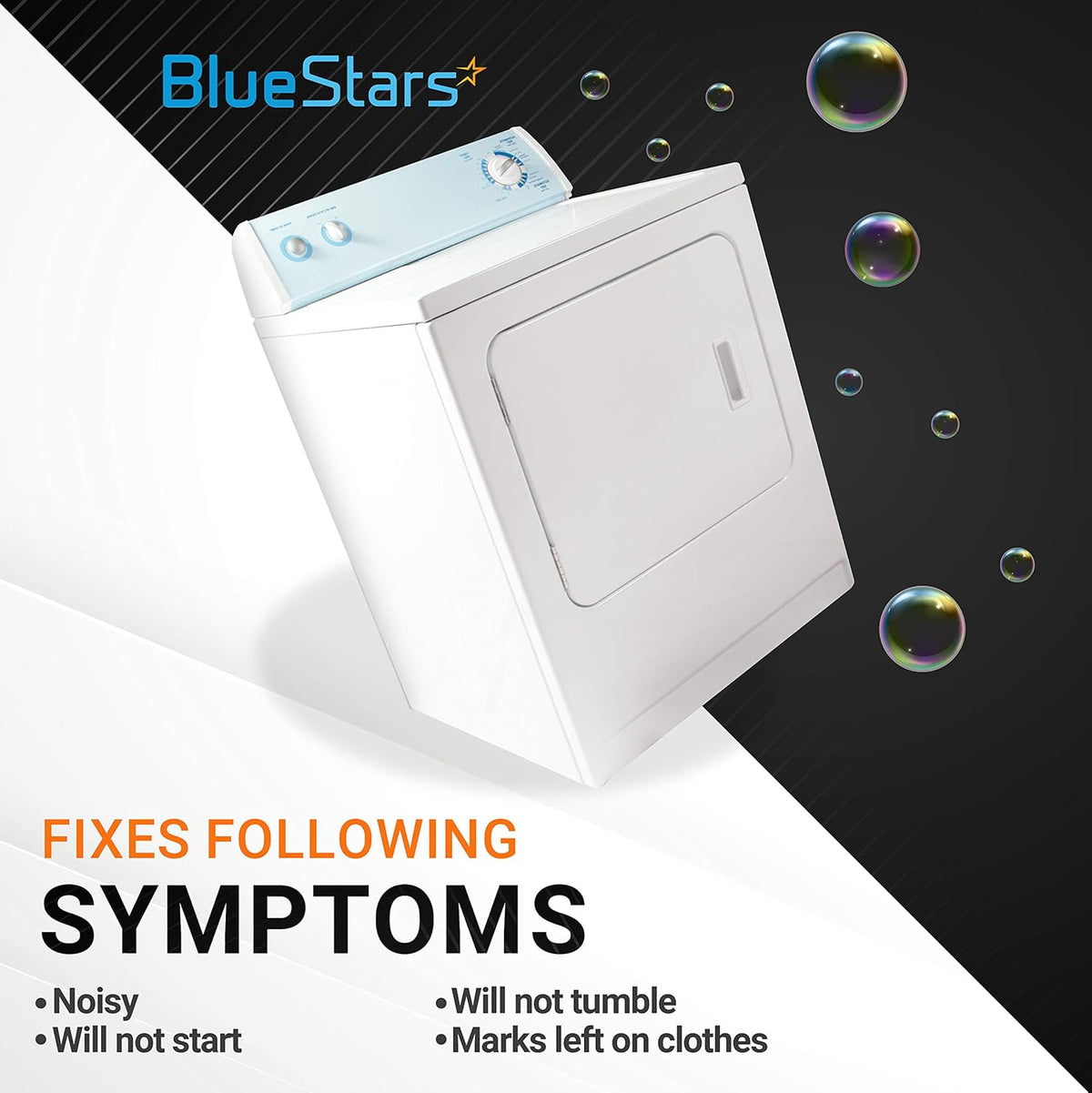 White dryer compatible with Maytag Neptune 3000 series showing repair symptoms like noisy operation and no tumbling.