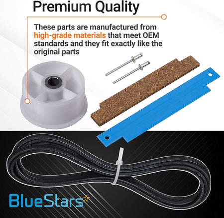 Dryer repair kit including idler pulley, drum bearing strip, and drum belt for Maytag Neptune 3000 series dryers.