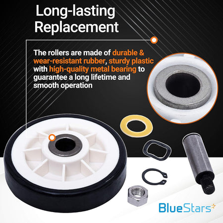 Dryer roller replacement kit with wheel, metal shaft, nut, and washers for Maytag Neptune and compatible dryers.