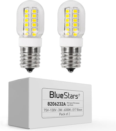 Two 8206232A microwave LED bulbs with E17 base and product packaging box.