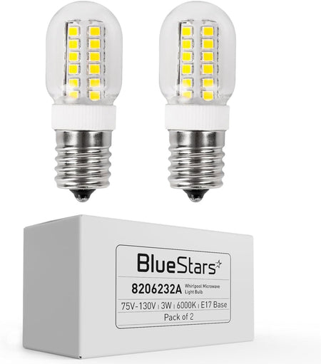 Two 8206232A microwave LED bulbs with E17 base and product packaging box.