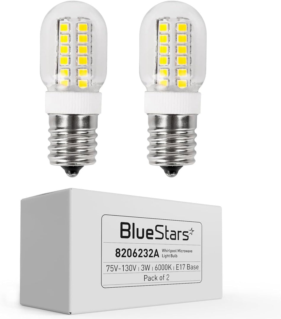 Two 8206232A microwave LED bulbs with E17 base and product packaging box.