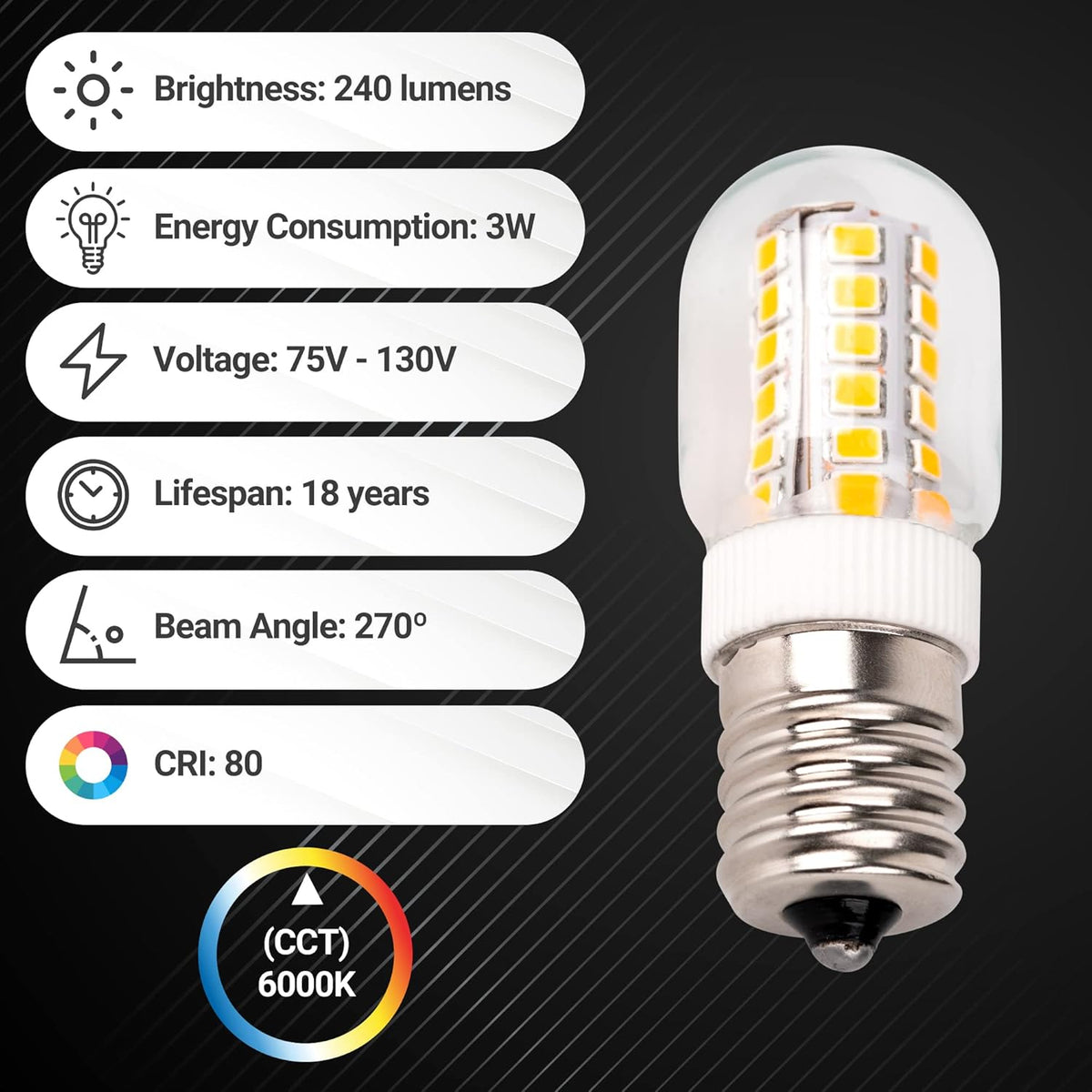 8206232A microwave LED bulb with technical specifications infographic showing 240 lumens and 3W power consumption.