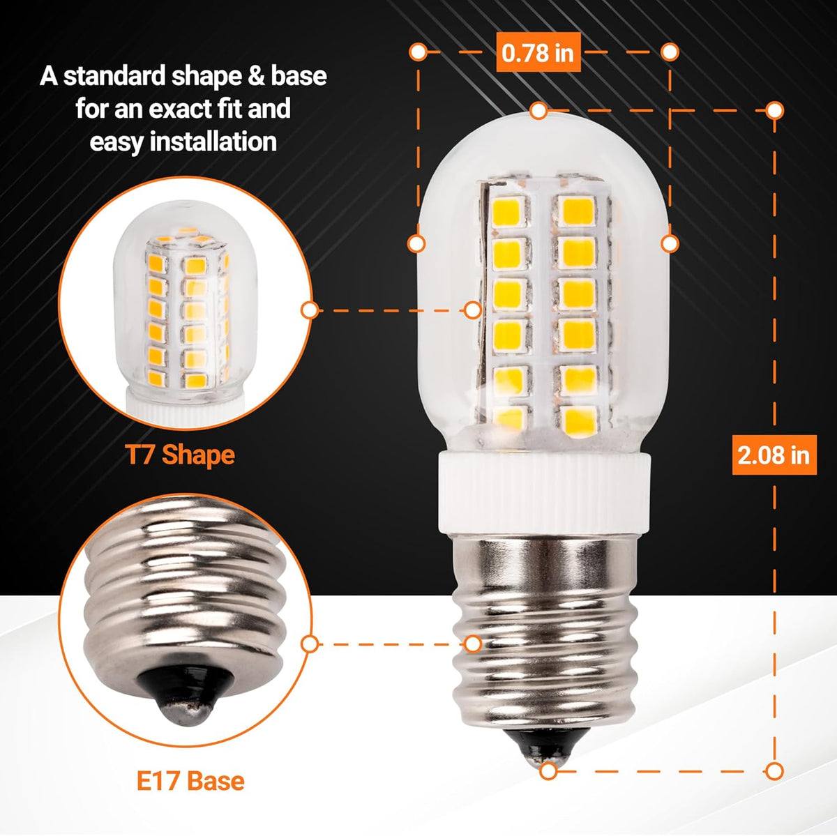 8206232A microwave LED bulb showing T7 shape, E17 base, and dimensions of 0.78 inches by 2.08 inches.