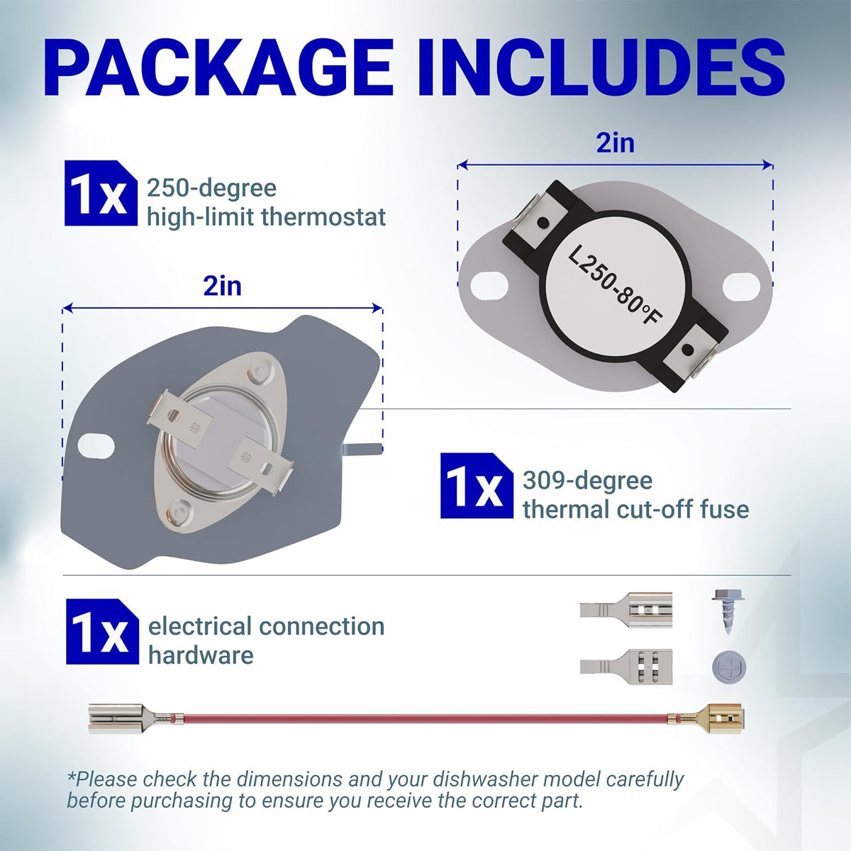 279816 Dryer Thermal Cut-off Kit package contents with thermostat, thermal fuse, electrical hardware, and 2-inch dimensions
