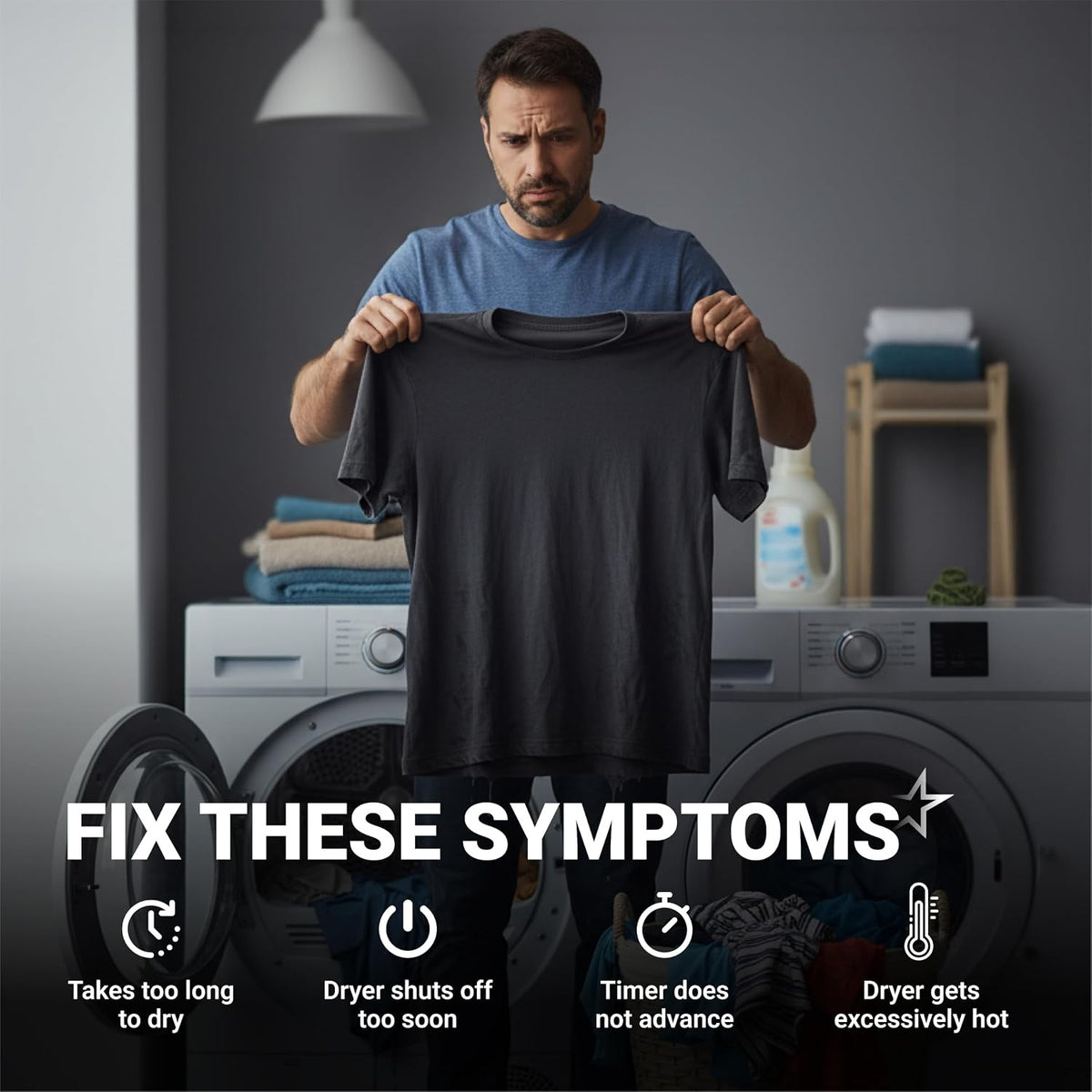 279816 Dryer Thermal Cut-off Kit, lifestyle scene showing a man holding a shirt with dryer symptom text overlay