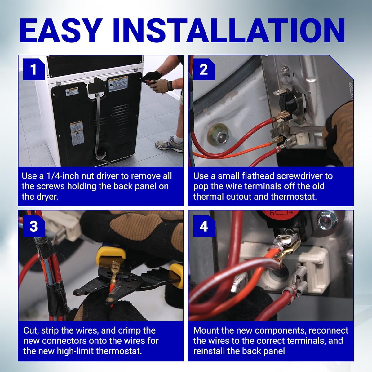 279816 Dryer Thermal Cut-off Kit installation guide collage showing four steps for replacing dryer components