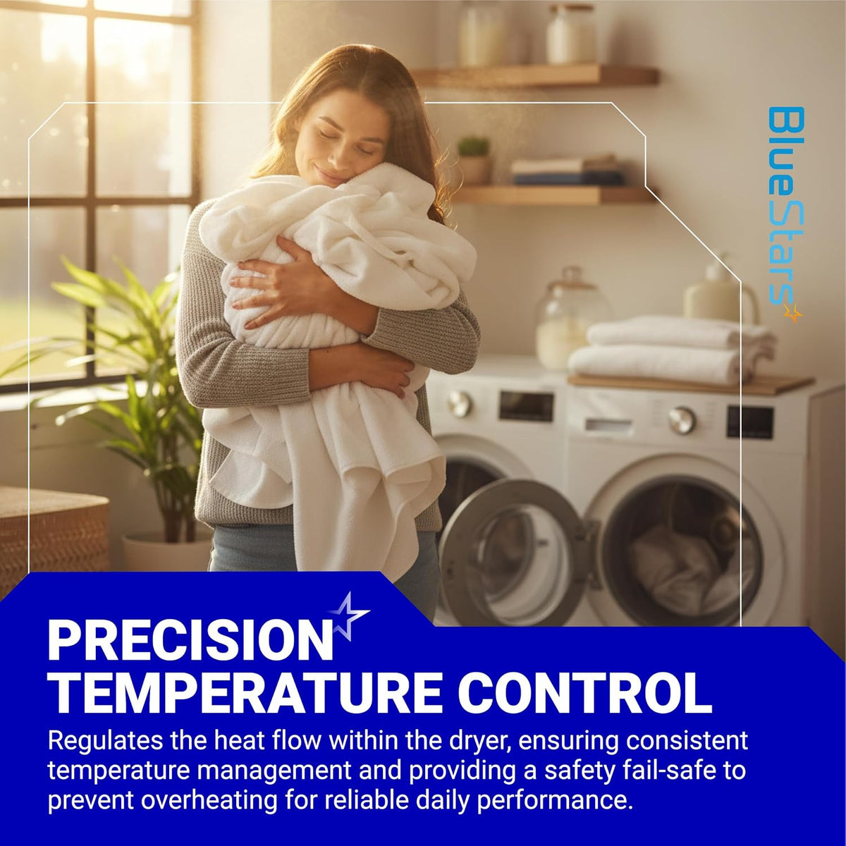 279816 Dryer Thermal Cut-off Kit graphic shows woman holding laundry beside washers and dryers, with temperature-control text
