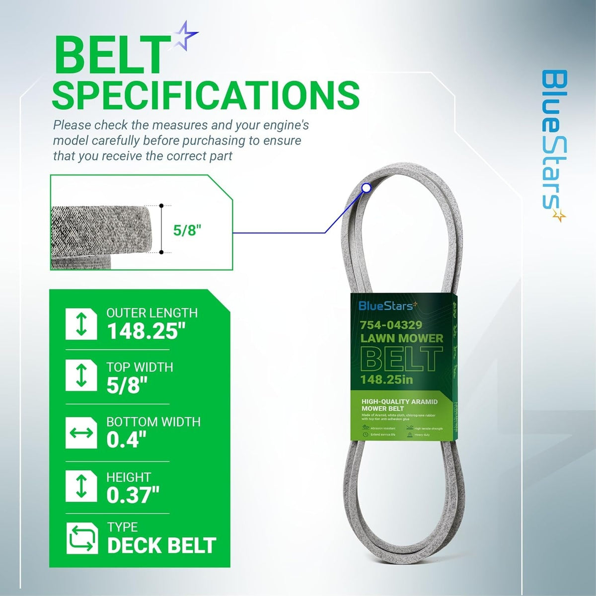 Infographic showing 754-04329 deck belt specifications including 148.25-inch length and 5/8-inch width for mower compatibilit