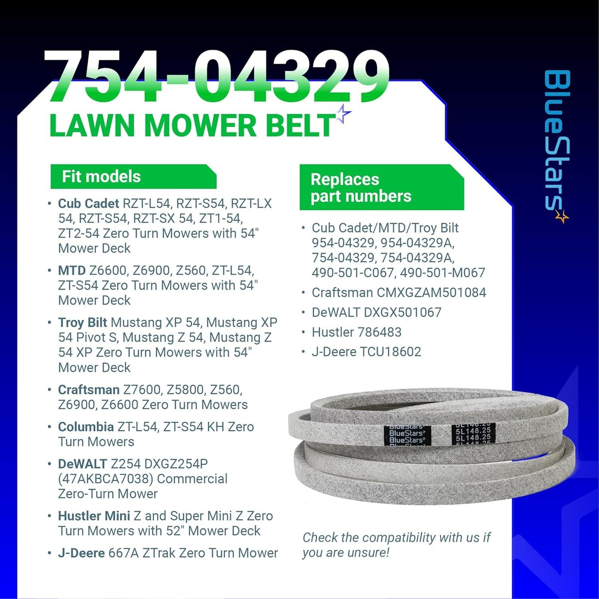 Infographic showing 754-04329 lawn mower deck belt compatibility and replacement part numbers.
