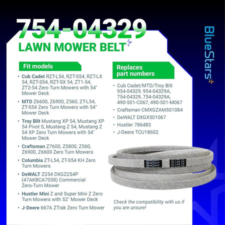 Infographic showing 754-04329 lawn mower deck belt compatibility and replacement part numbers.