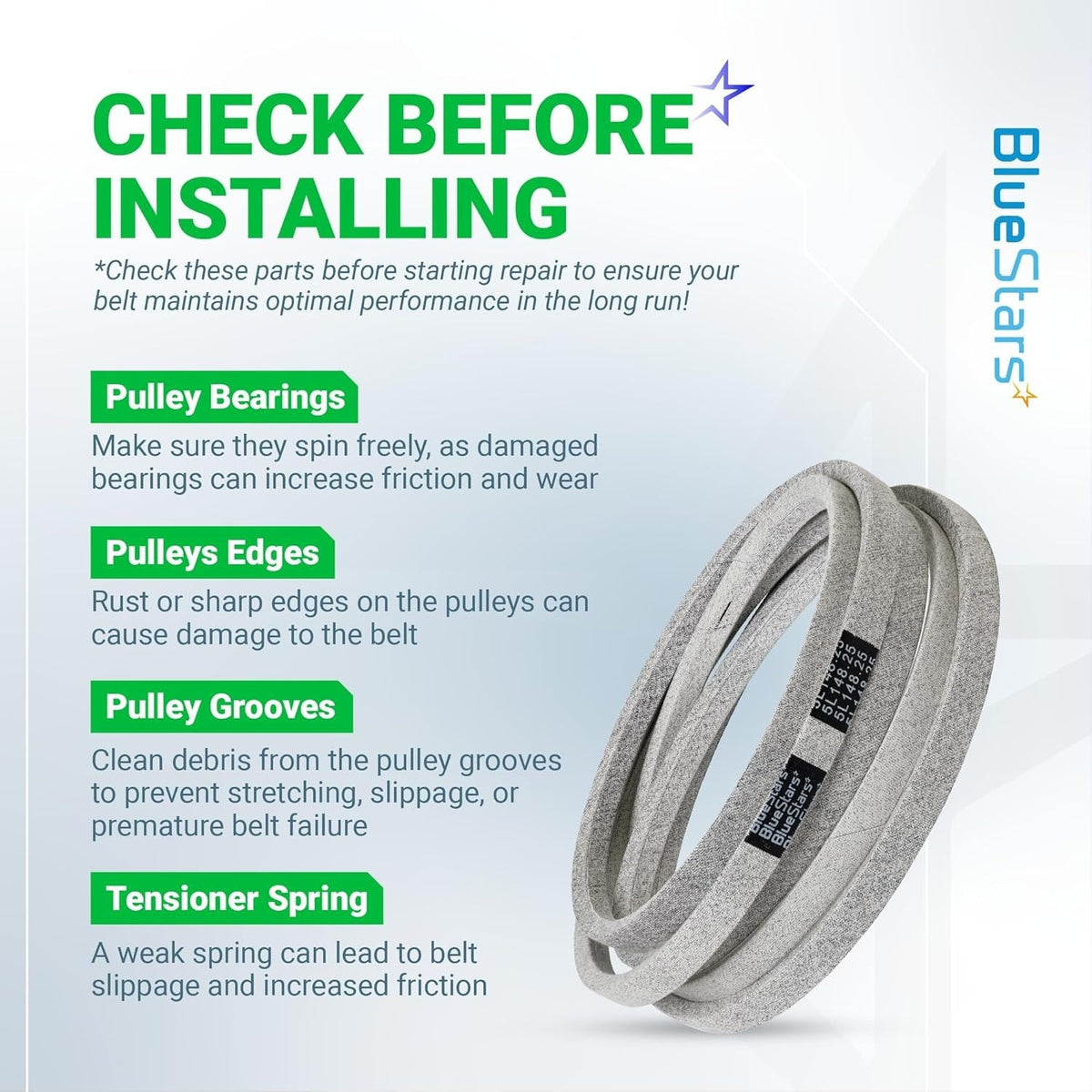 Informational graphic for 754-04329 deck belt installation tips and pulley maintenance checklist.