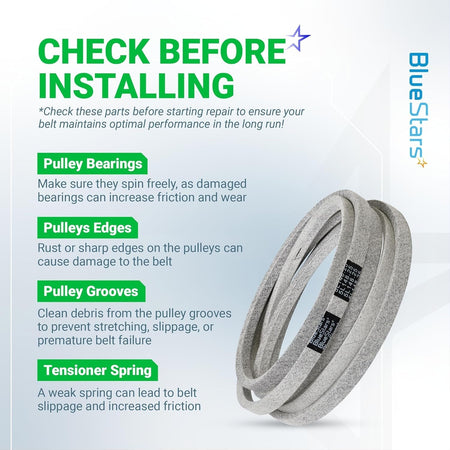Informational graphic for 754-04329 deck belt installation tips and pulley maintenance checklist.