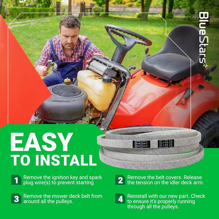 Instructional graphic showing 754-04329 deck belt installation steps for MTD, Cub Cadet, and Troy-Bilt zero-turn mowers.