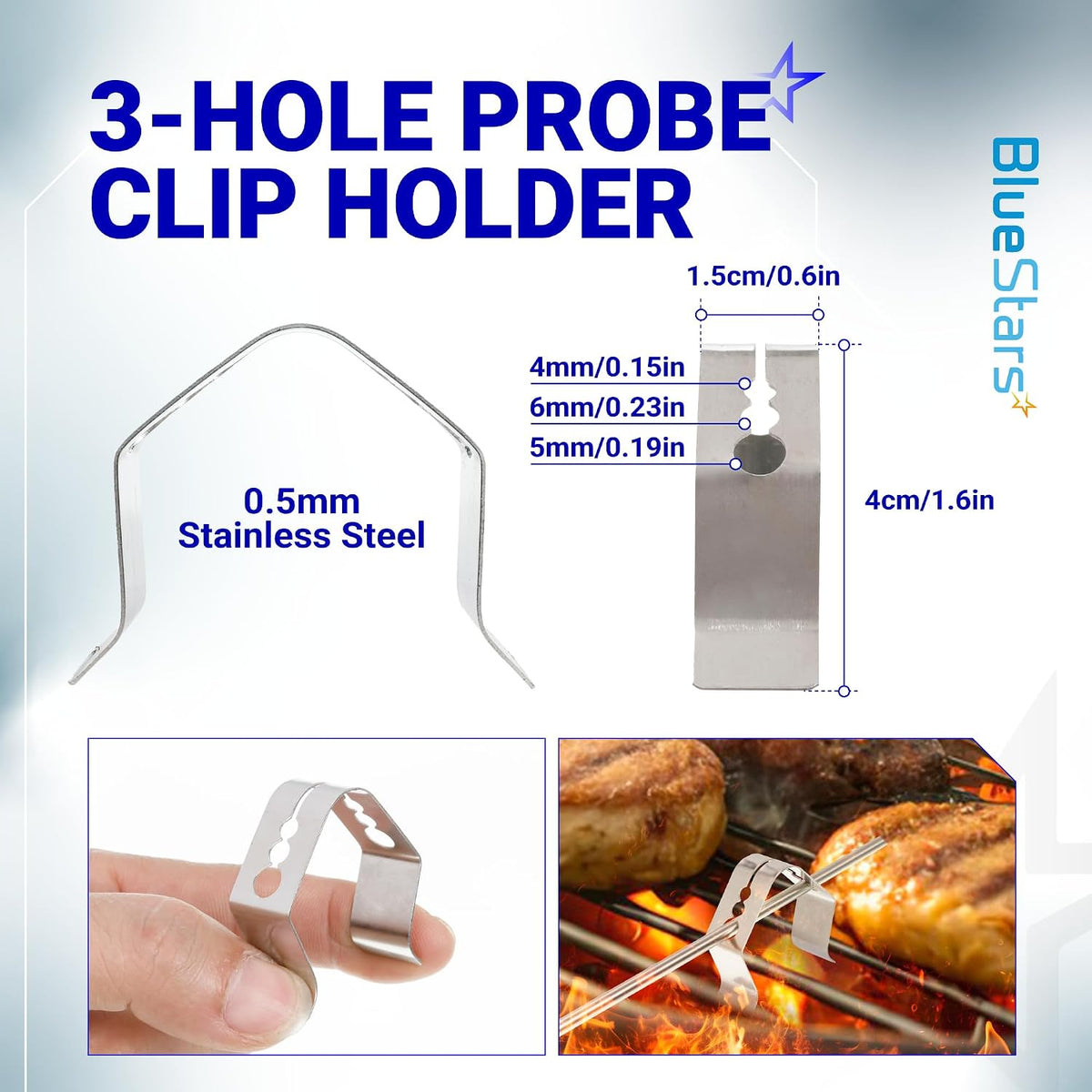 2-Pack Meat Probe for Traeger Pellet Grills and Smokers, 3-hole probe clip holder with dimensions diagram