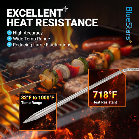 2-Pack Meat Probe for Traeger Pellet Grills and Smokers, heat resistance graphic shows 32°F–1000°F range