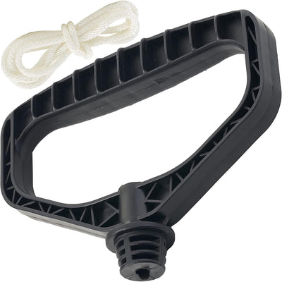 Black plastic snowblower starter handle with white pull rope cord.