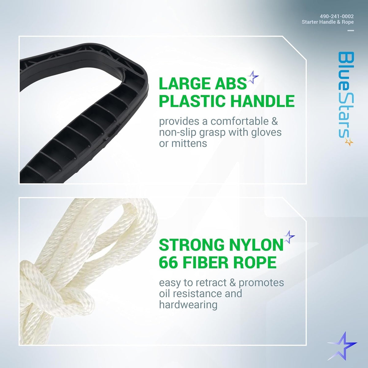 Infographic showing the black ABS plastic handle and white nylon 66 fiber rope for 490-241-0002 snowblower starter.