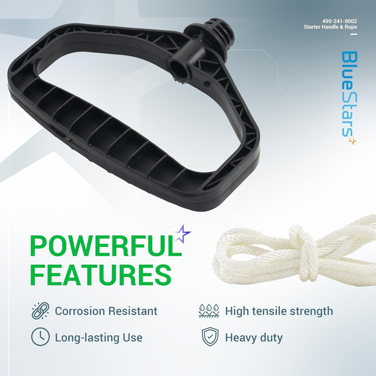 Black plastic snowblower starter handle and white pull rope replacement part.