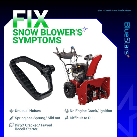 490-241-0002 snowblower starter handle and rope replacement guide with symptoms of a faulty recoil starter.