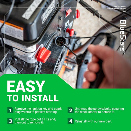 Hand pulling the 490-241-0002 snowblower starter handle and rope during installation.