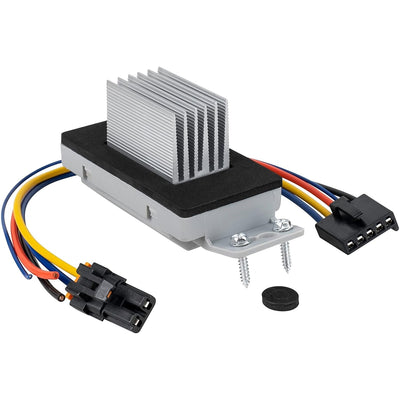 15-81773 blower motor control module resistor with cooling fins, wiring harnesses, and mounting screws.