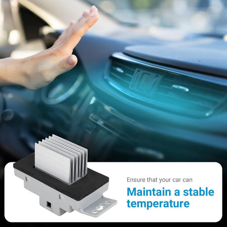 15-81773 blower motor control module resistor shown with car dashboard air vent for temperature control.