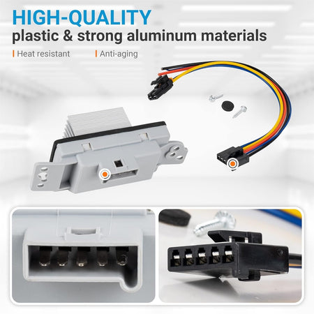 15-81773 blower motor control module resistor kit with wiring harness, mounting screws, and close-up connector views.