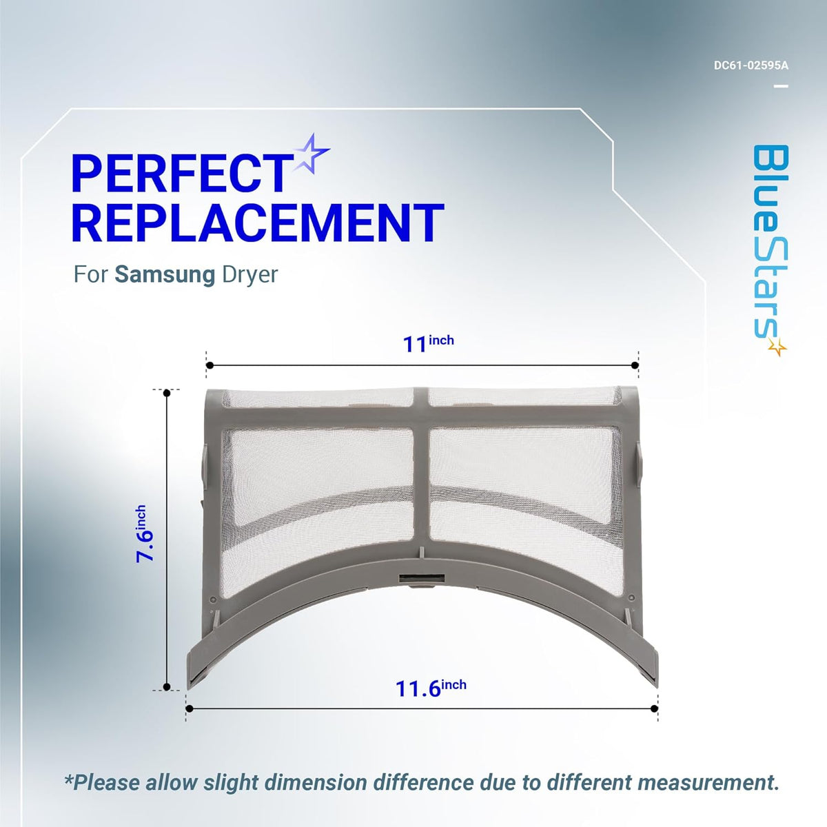 Samsung dryer lint filter trap DC61-02595A showing dimensions of 11 inches by 7.6 inches.