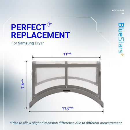 Samsung dryer lint filter trap DC61-02595A showing dimensions of 11 inches by 7.6 inches.
