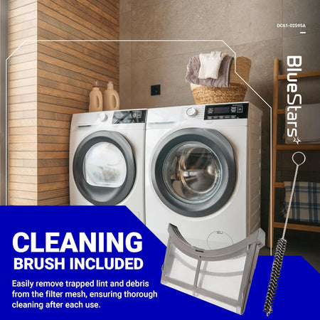 Samsung dryer lint filter trap DC61-02595A with included cleaning brush for lint removal.