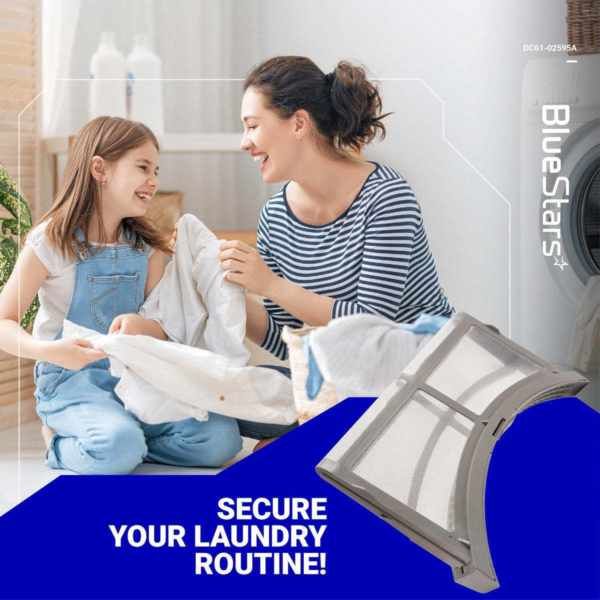 DC61-02595A dryer lint filter trap for Samsung dryers shown in a lifestyle marketing graphic.