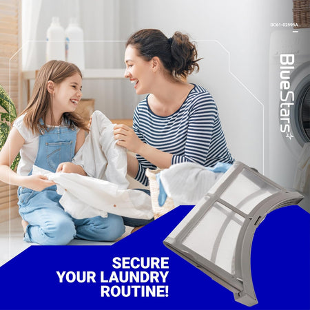 DC61-02595A dryer lint filter trap for Samsung dryers shown in a lifestyle marketing graphic.