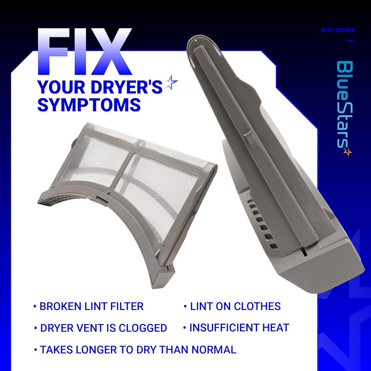 Replacement DC61-02595A dryer lint filter trap for Samsung dryers shown from two angles.