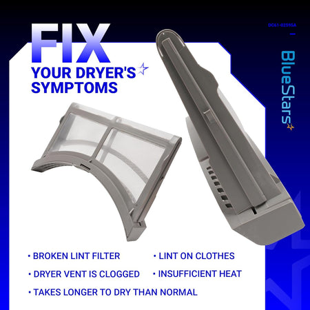 Replacement DC61-02595A dryer lint filter trap for Samsung dryers shown from two angles.