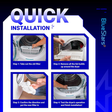 Quick installation guide for Samsung dryer lint filter trap DC61-02595A showing four step-by-step replacement images.