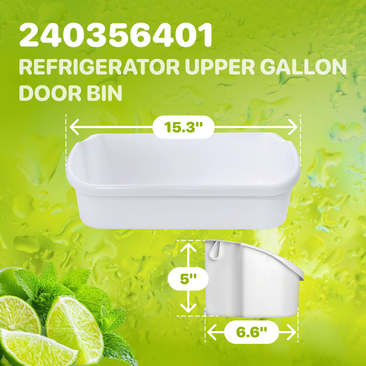 240356401 Refrigerator Upper Gallon Door Bin, dimensions diagram showing 15.3-inch width, 5-inch height, and 6.6-inch depth
