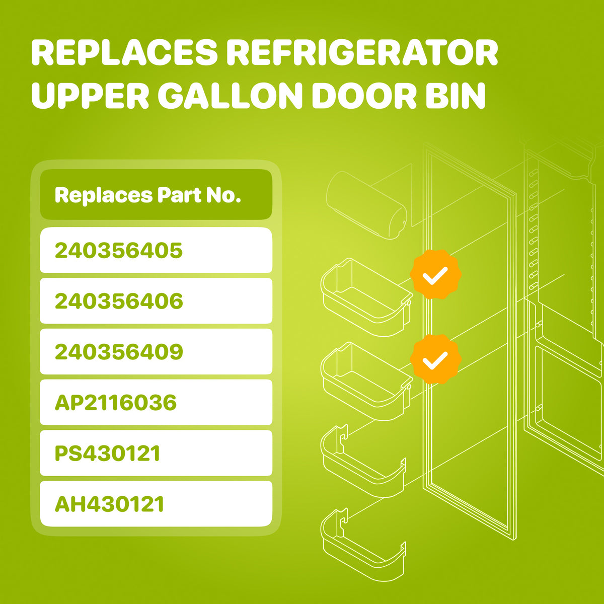 240356401 Refrigerator Upper Gallon Door Bin, replacement part numbers listed beside a refrigerator door-bin diagram