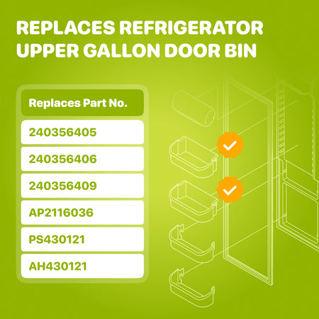 240356401 Refrigerator Upper Gallon Door Bin, replacement part numbers listed beside a refrigerator door-bin diagram