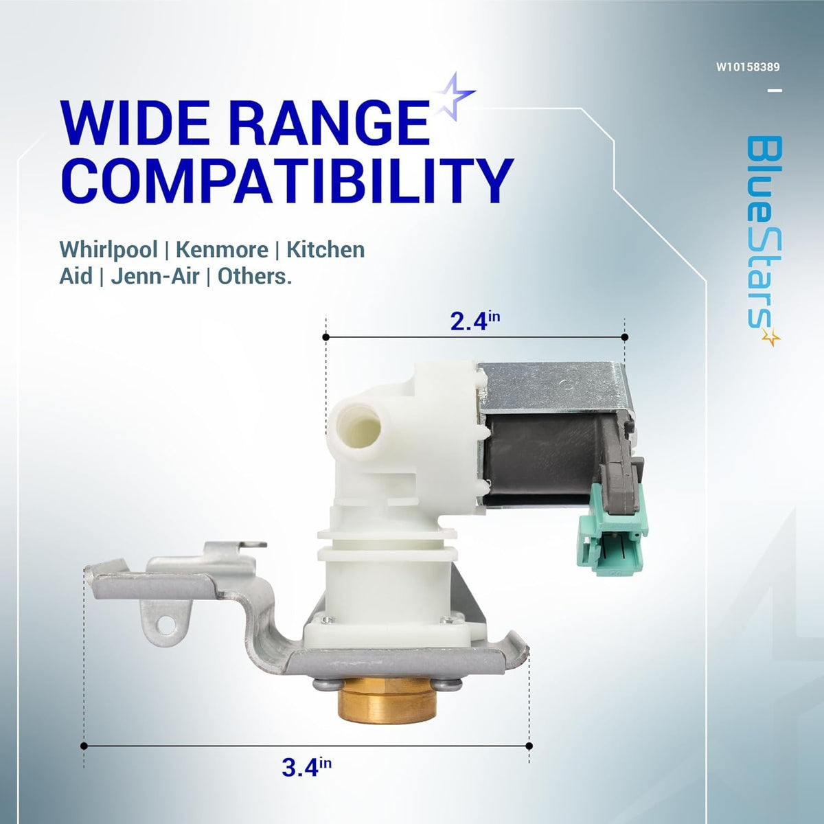 W10158389 dishwasher water inlet valve showing 2.4-inch and 3.4-inch dimensions for Whirlpool and Kenmore compatibility.