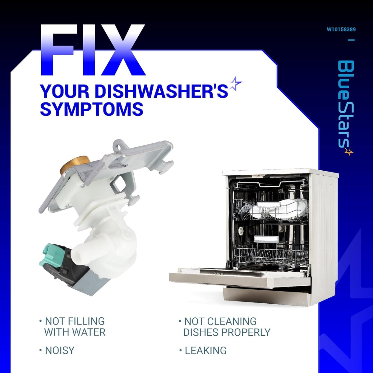 W10158389 dishwasher water inlet valve replacement part shown with a dishwasher and common repair symptoms.